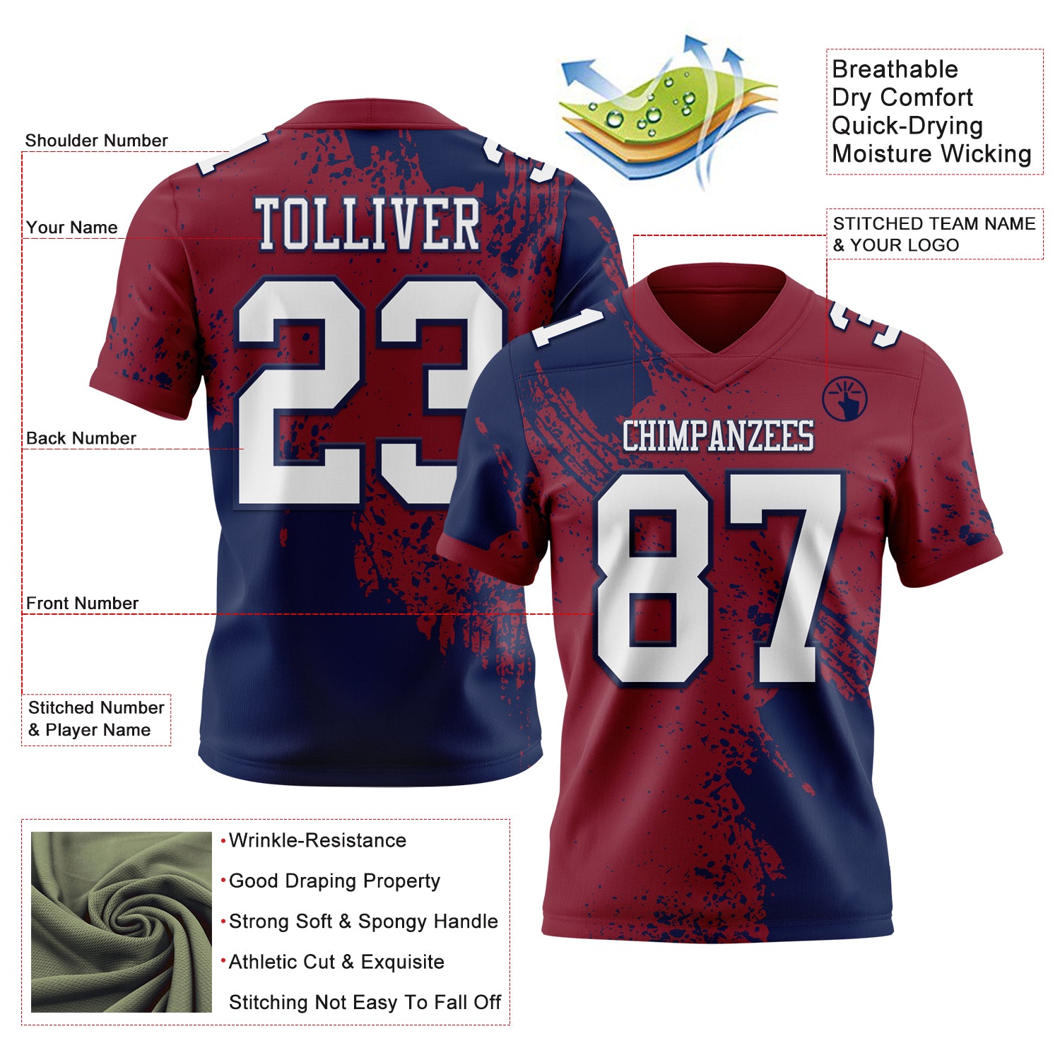 Custom Crimson White-Navy 3D Pattern Abstract Brush Stroke Authentic Football Jersey
