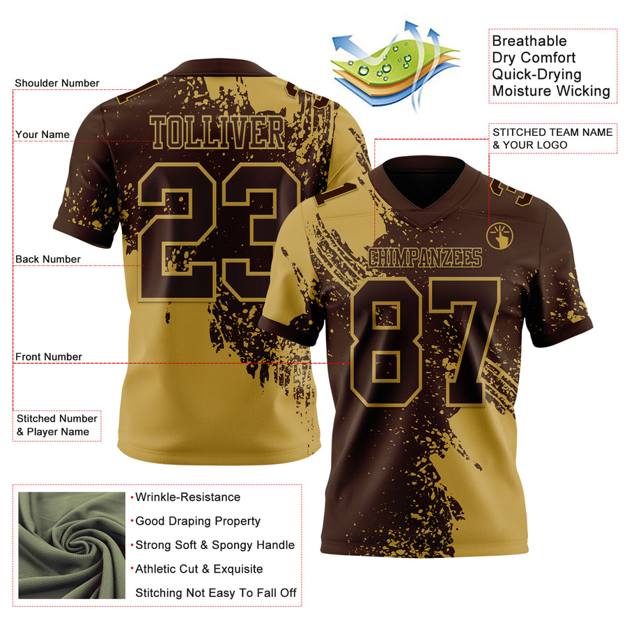 Custom Brown Old Gold 3D Pattern Abstract Brush Stroke Authentic Football Jersey