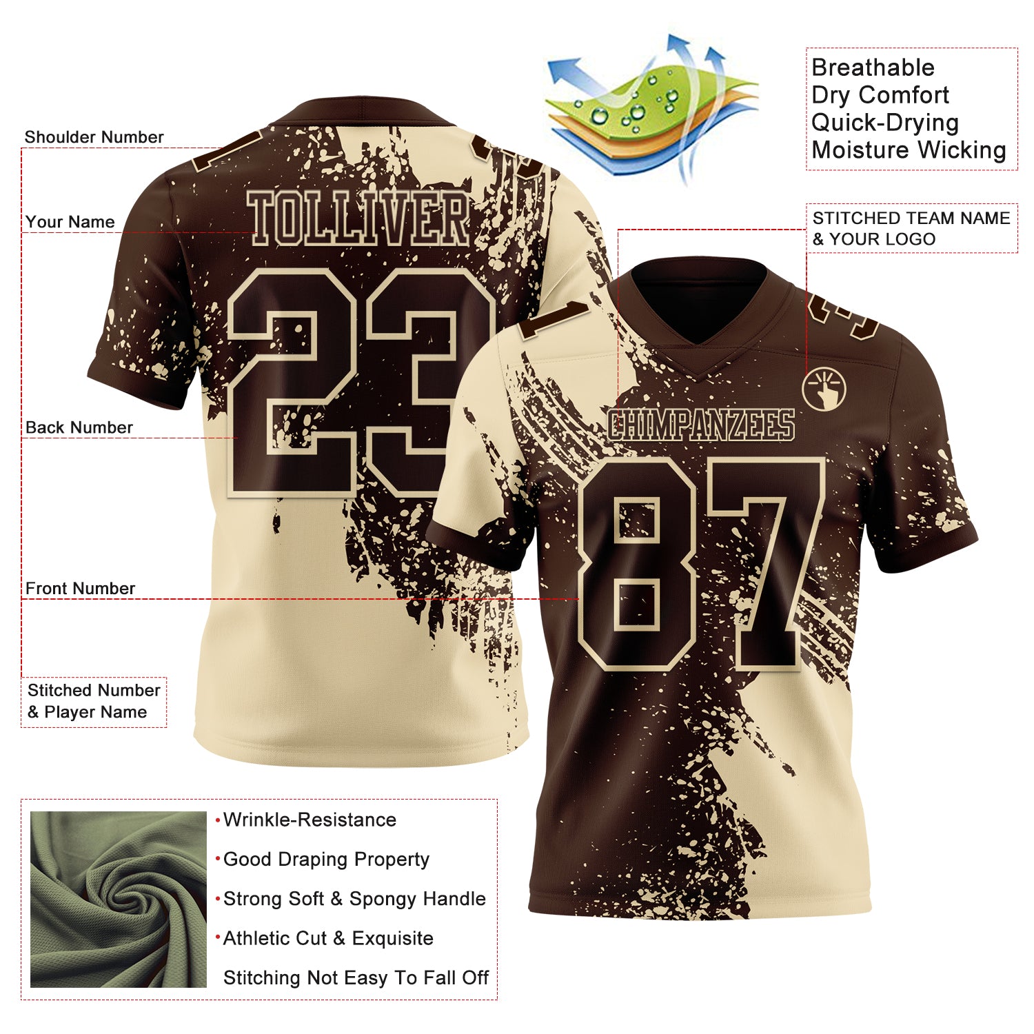 Custom Brown Cream 3D Pattern Abstract Brush Stroke Authentic Football Jersey