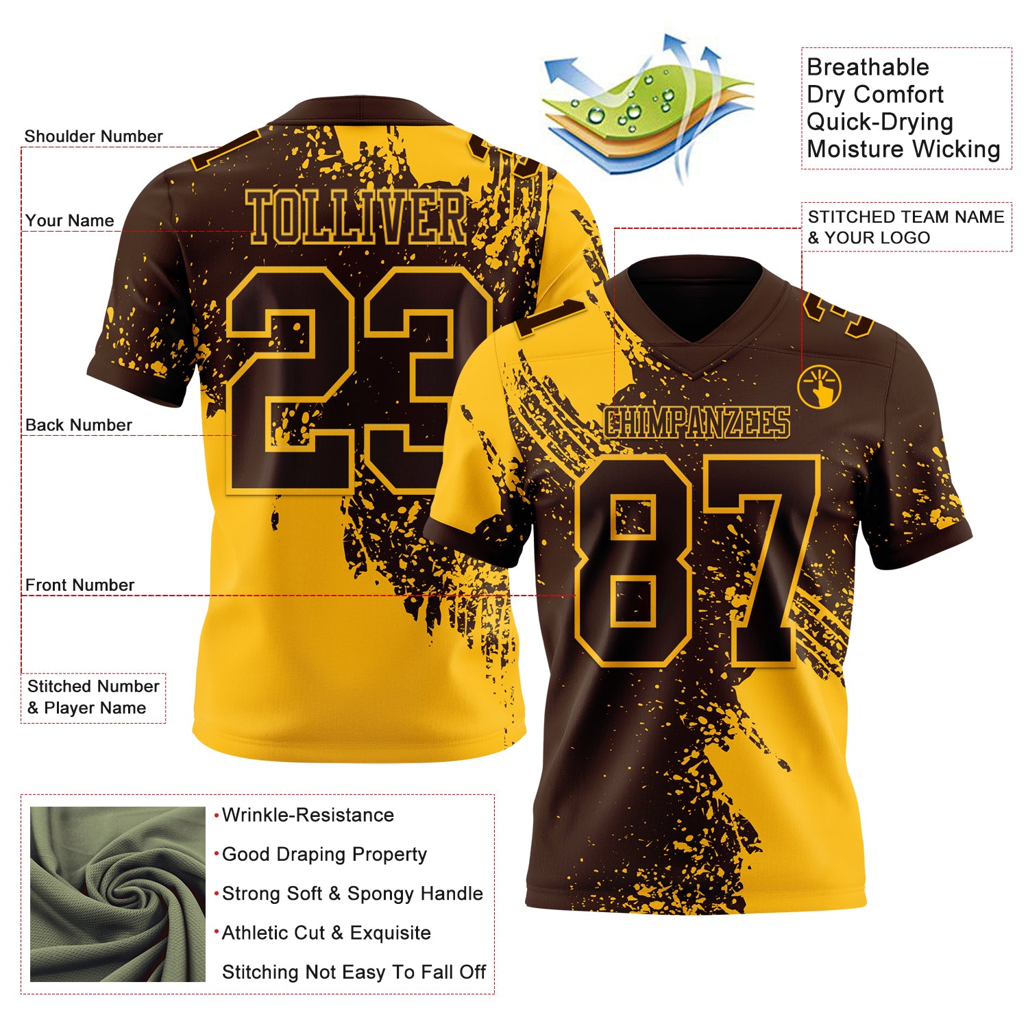 Custom Brown Gold 3D Pattern Abstract Brush Stroke Authentic Football Jersey