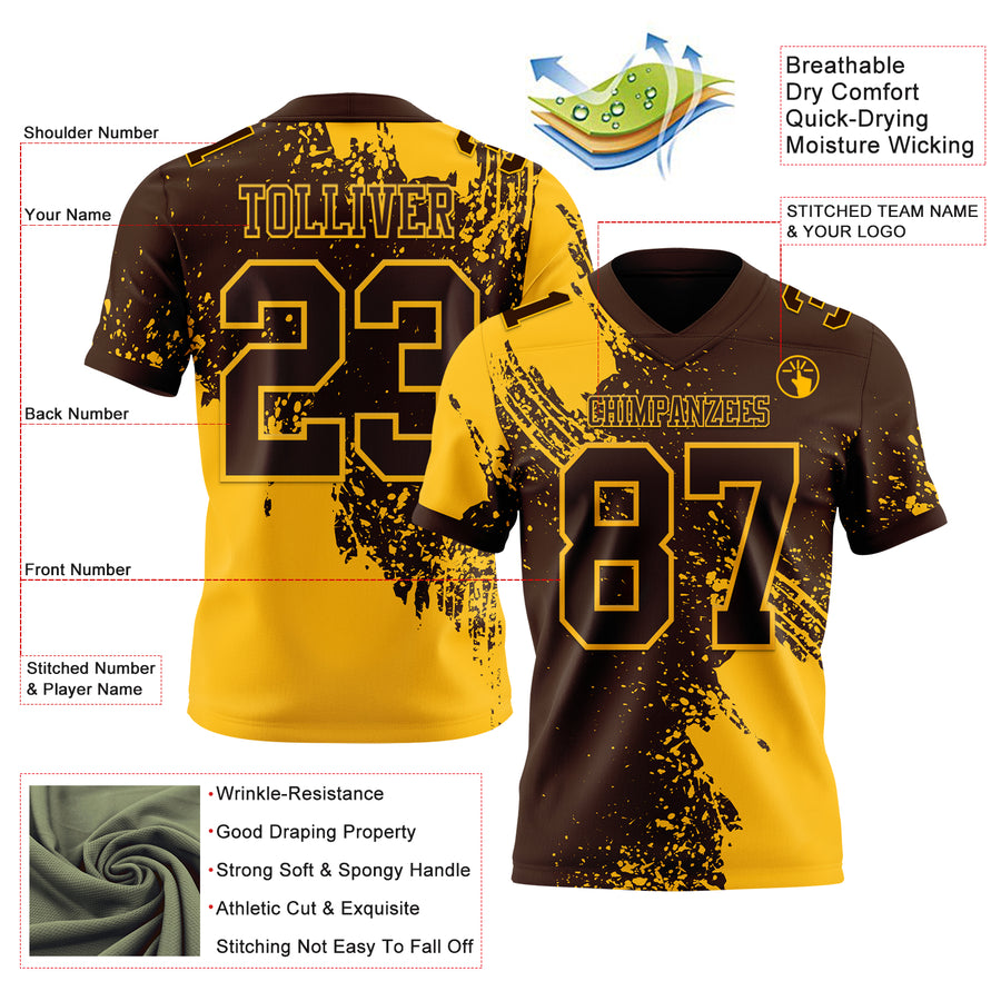 Custom Brown Gold 3D Pattern Abstract Brush Stroke Authentic Football Jersey