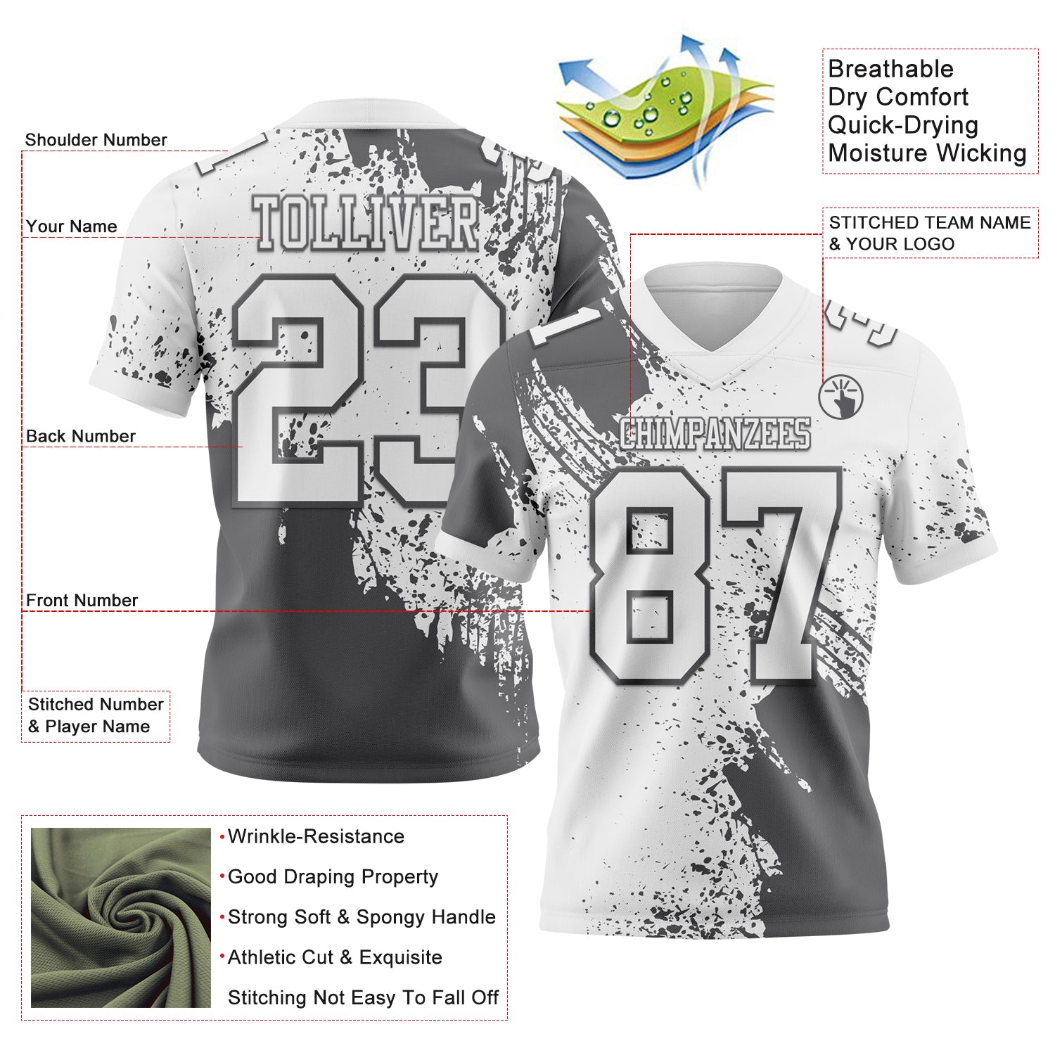 Custom White Steel Gray 3D Pattern Abstract Brush Stroke Authentic Football Jersey