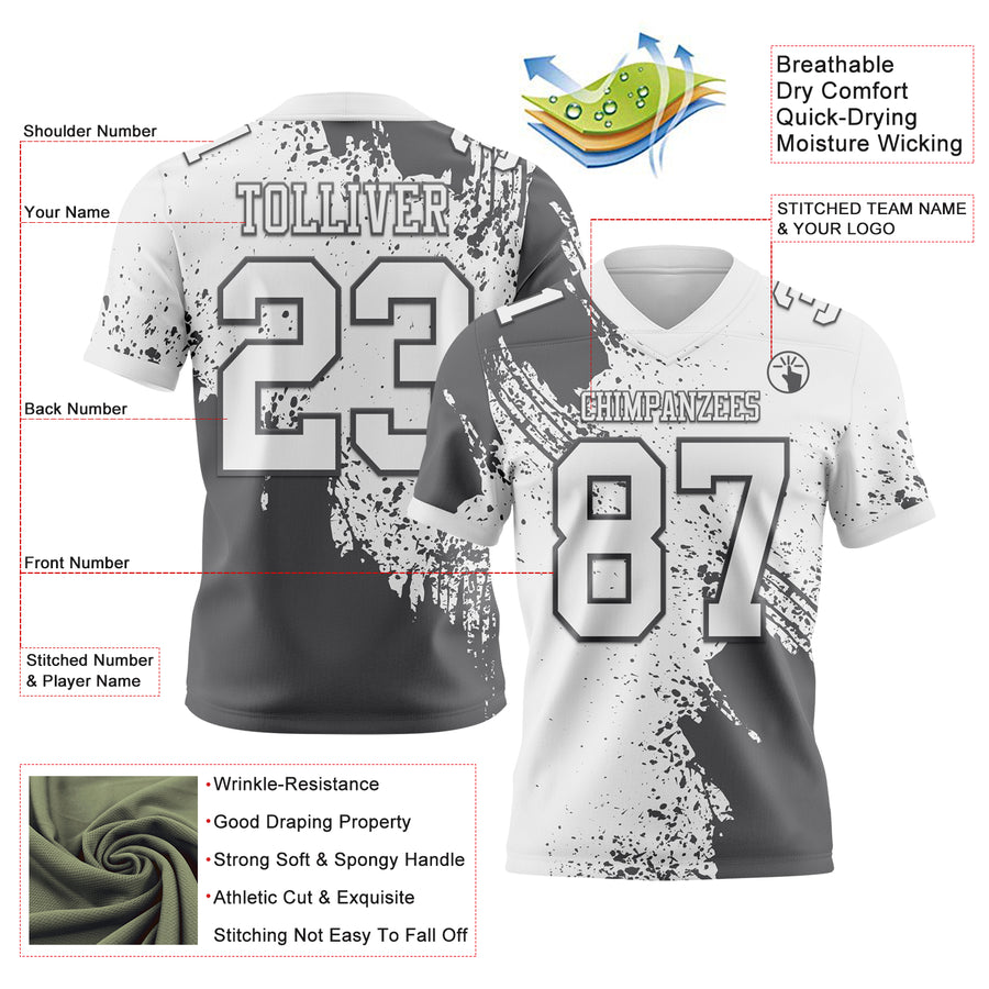 Custom White Steel Gray 3D Pattern Abstract Brush Stroke Authentic Football Jersey
