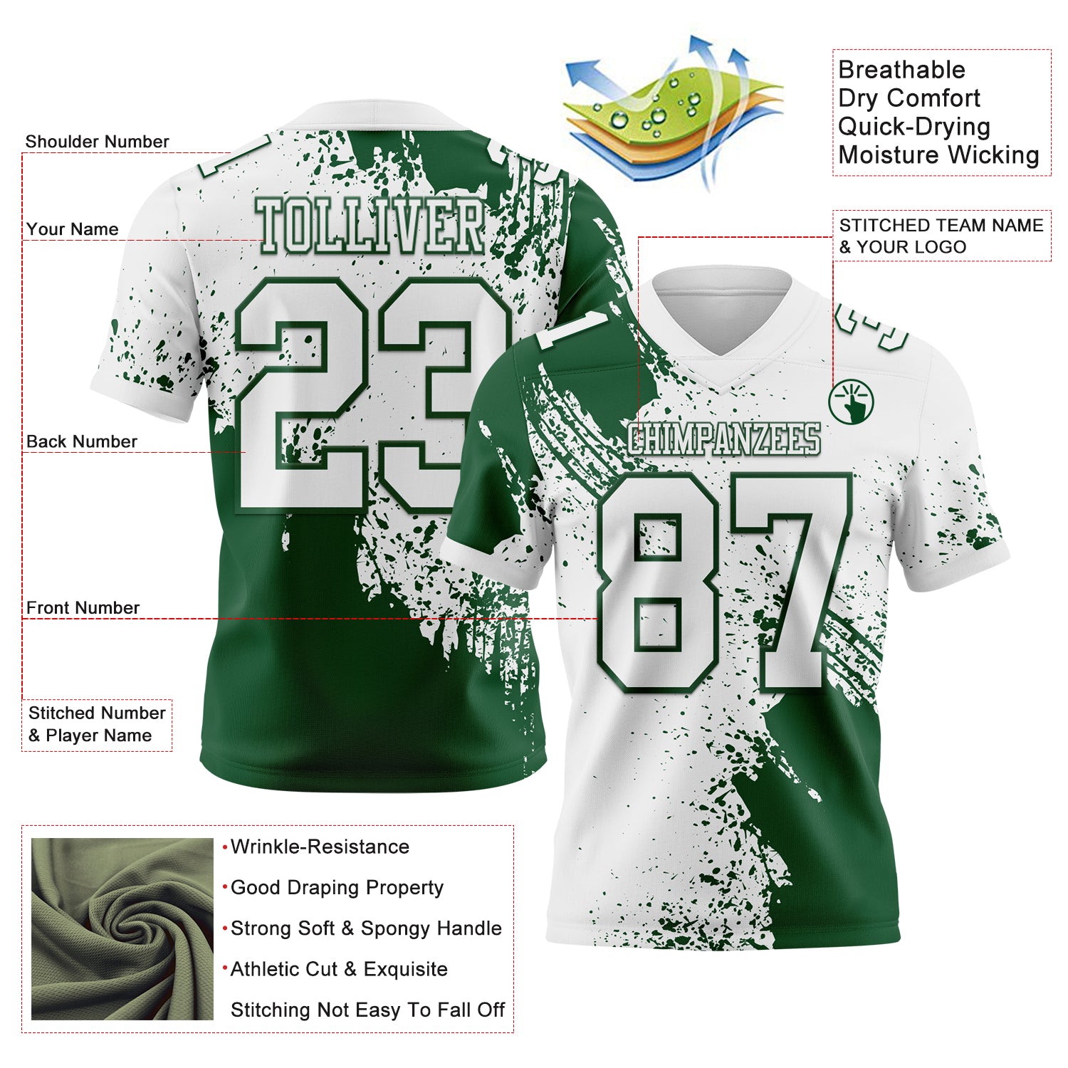 Custom White Green 3D Pattern Abstract Brush Stroke Authentic Football Jersey