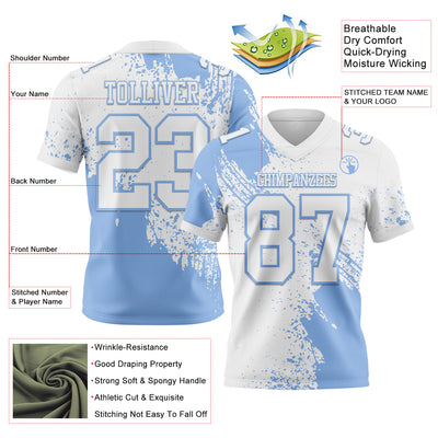 Custom White Light Blue 3D Pattern Abstract Brush Stroke Authentic Football Jersey