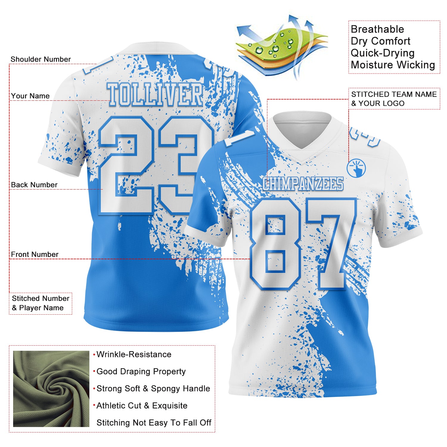 Custom White Powder Blue 3D Pattern Abstract Brush Stroke Authentic Football Jersey