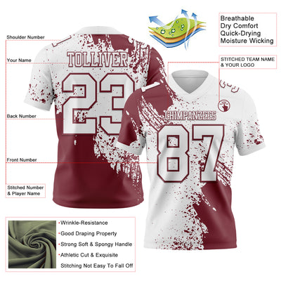 Custom White Burgundy 3D Pattern Abstract Brush Stroke Authentic Football Jersey