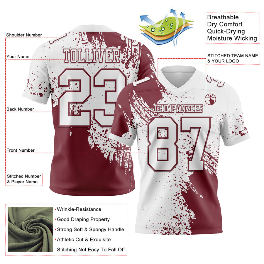 Custom White Burgundy 3D Pattern Abstract Brush Stroke Authentic Football Jersey