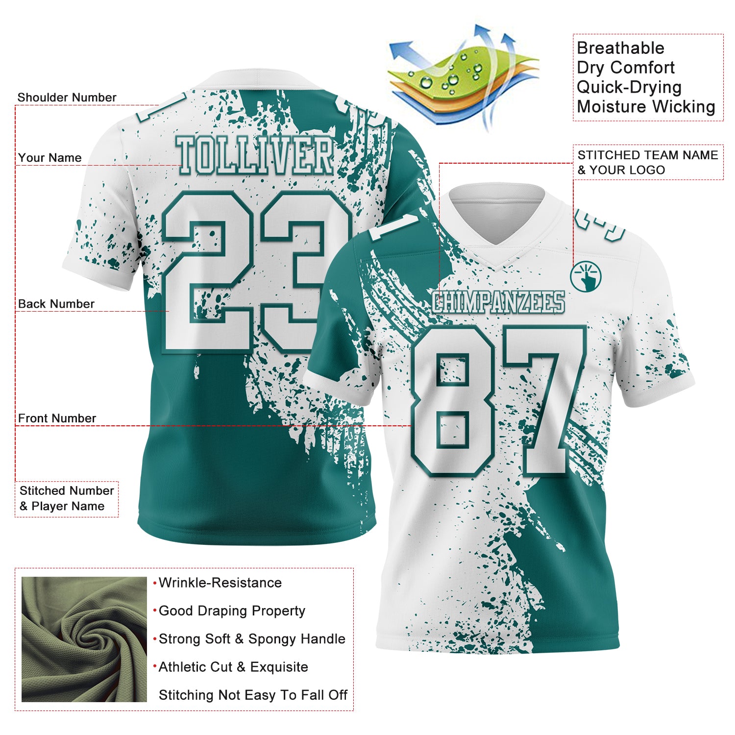 Custom White Teal 3D Pattern Abstract Brush Stroke Authentic Football Jersey