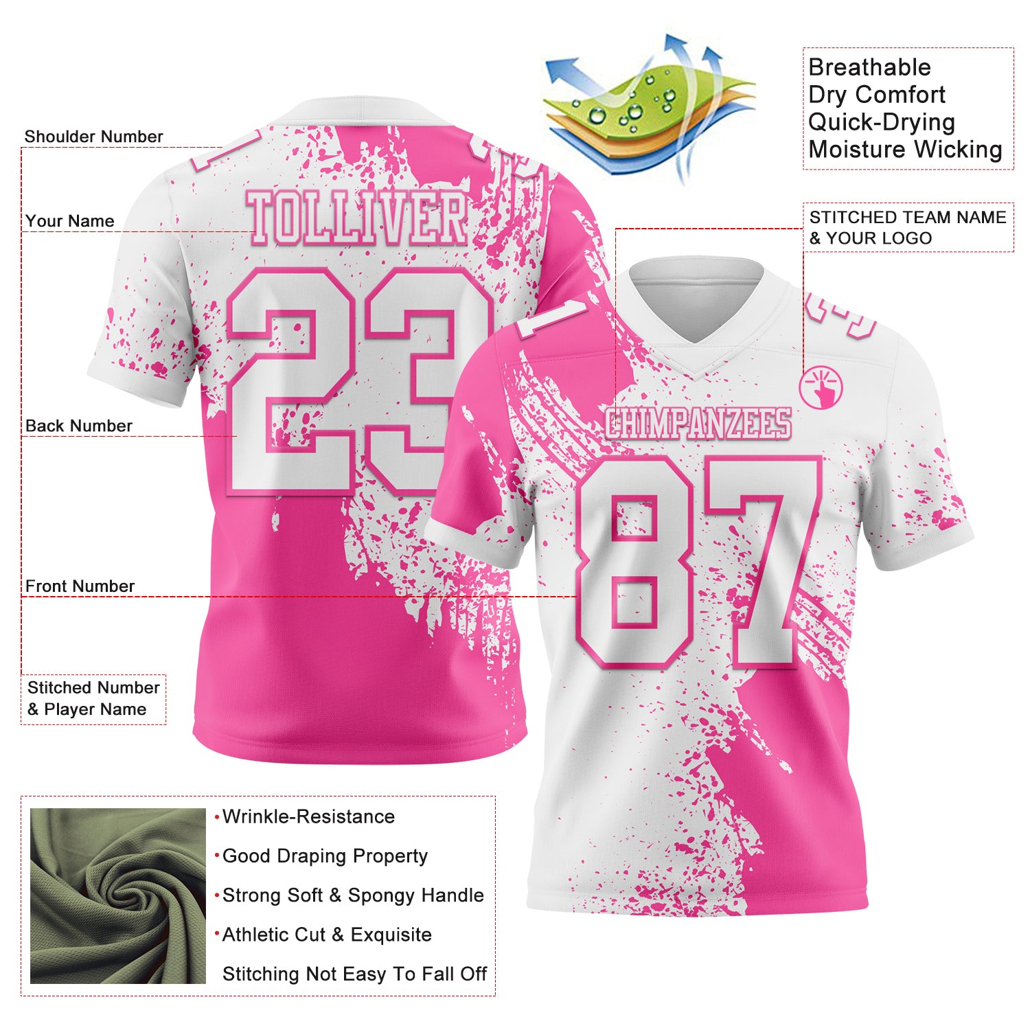 Custom White Pink 3D Pattern Abstract Brush Stroke Authentic Football Jersey