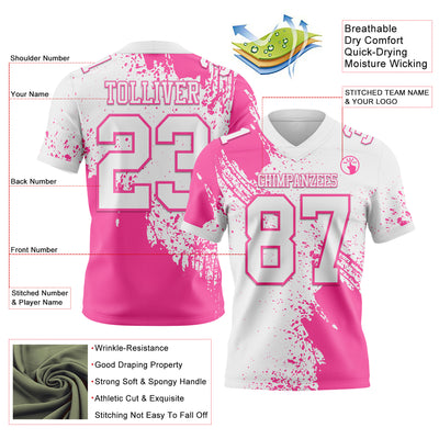 Custom White Pink 3D Pattern Abstract Brush Stroke Authentic Football Jersey
