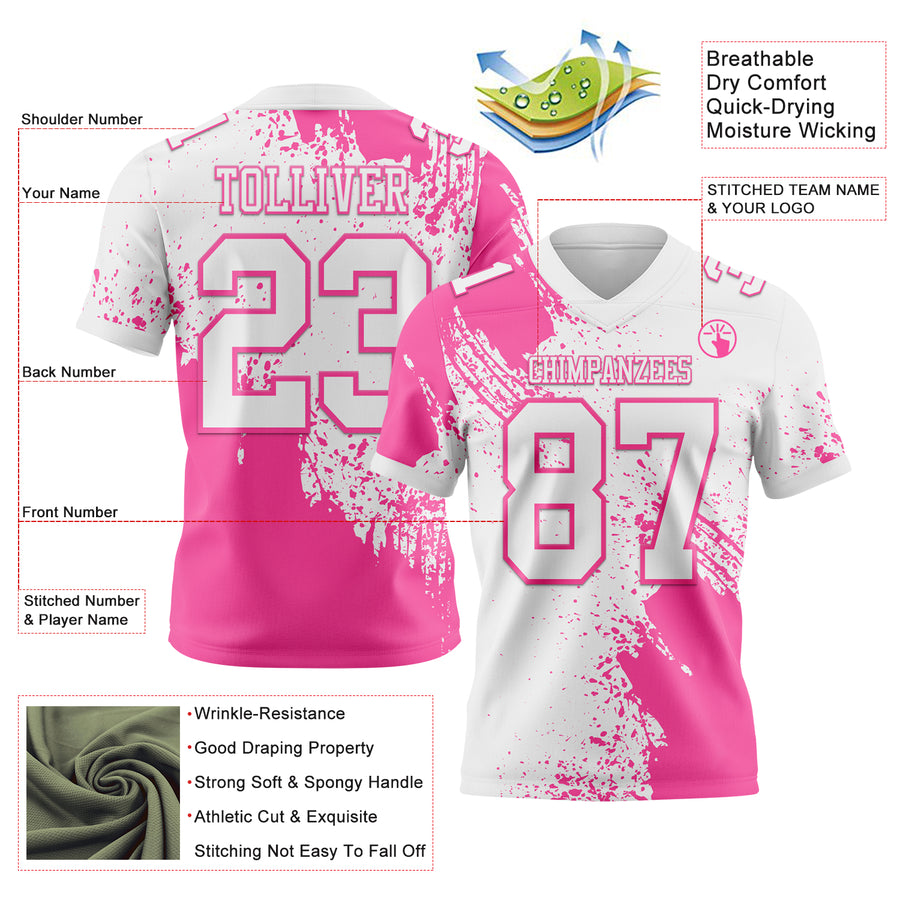 Custom White Pink 3D Pattern Abstract Brush Stroke Authentic Football Jersey