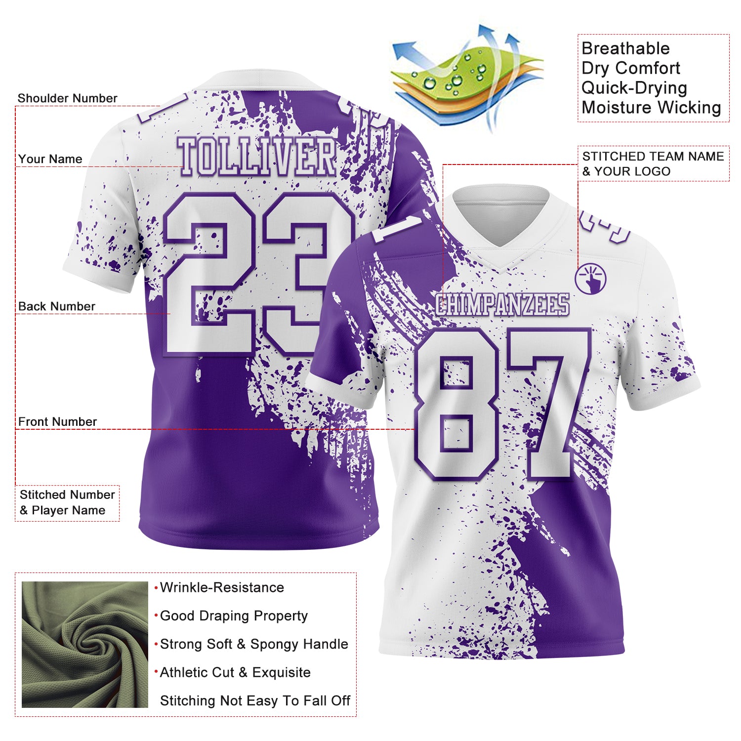 Custom White Purple 3D Pattern Abstract Brush Stroke Authentic Football Jersey