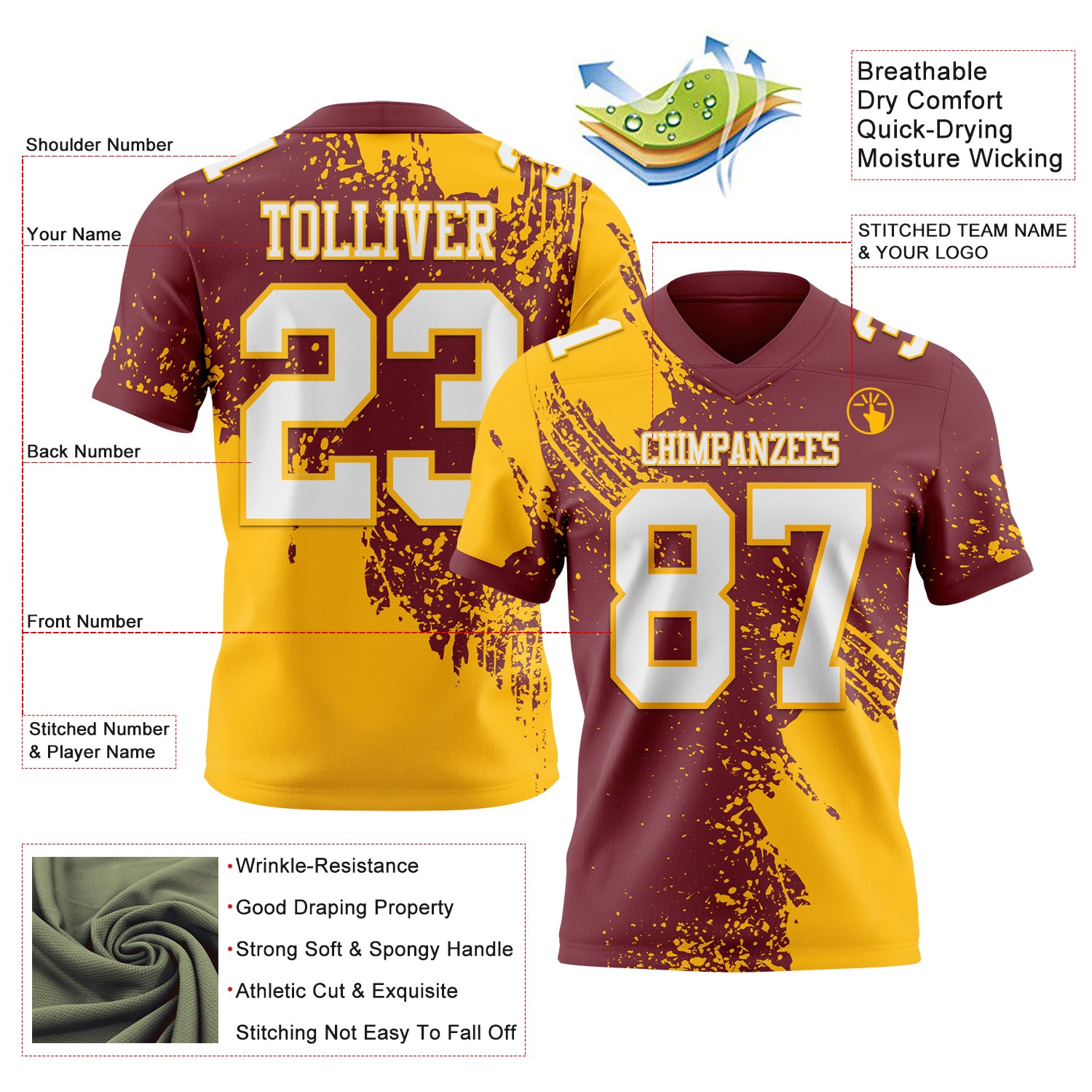 Custom Burgundy White-Gold 3D Pattern Abstract Brush Stroke Authentic Football Jersey
