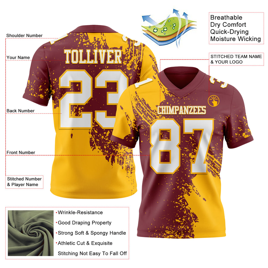 Custom Burgundy White-Gold 3D Pattern Abstract Brush Stroke Authentic Football Jersey