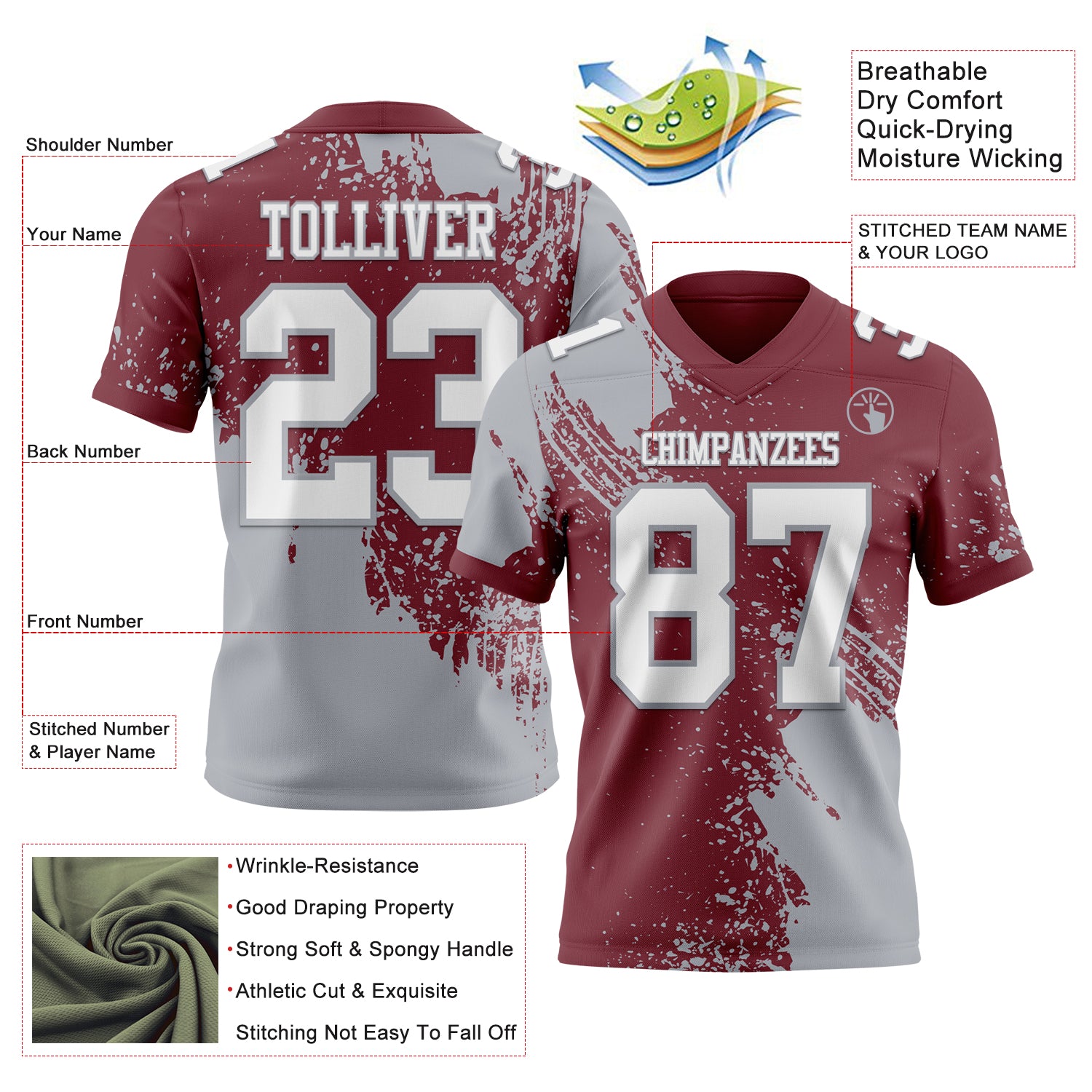 Custom Burgundy White-Gray 3D Pattern Abstract Brush Stroke Authentic Football Jersey
