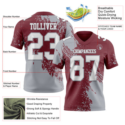 Custom Burgundy White-Gray 3D Pattern Abstract Brush Stroke Authentic Football Jersey