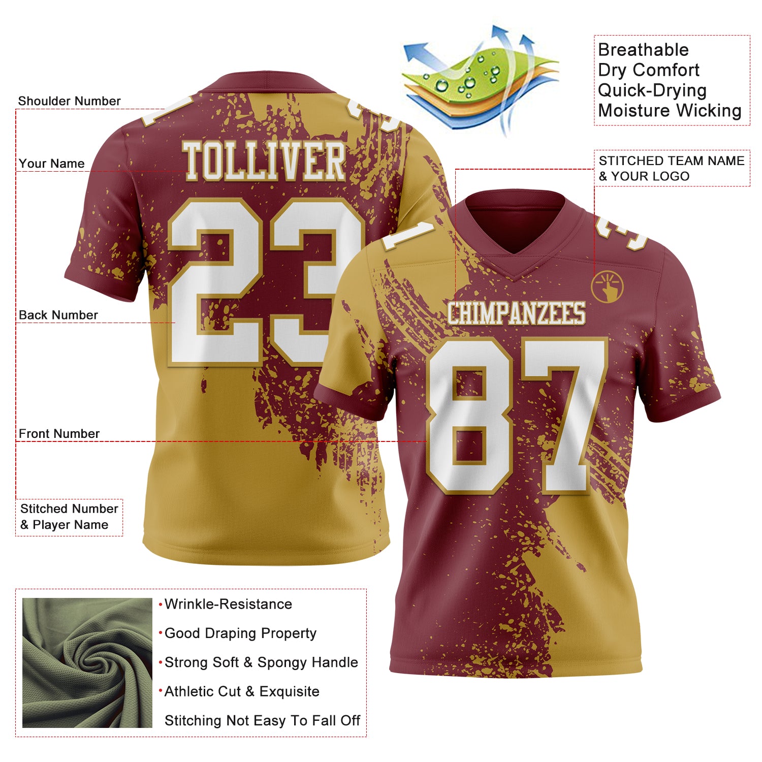 Custom Burgundy White-Old Gold 3D Pattern Abstract Brush Stroke Authentic Football Jersey