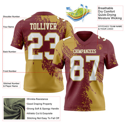 Custom Burgundy White-Old Gold 3D Pattern Abstract Brush Stroke Authentic Football Jersey