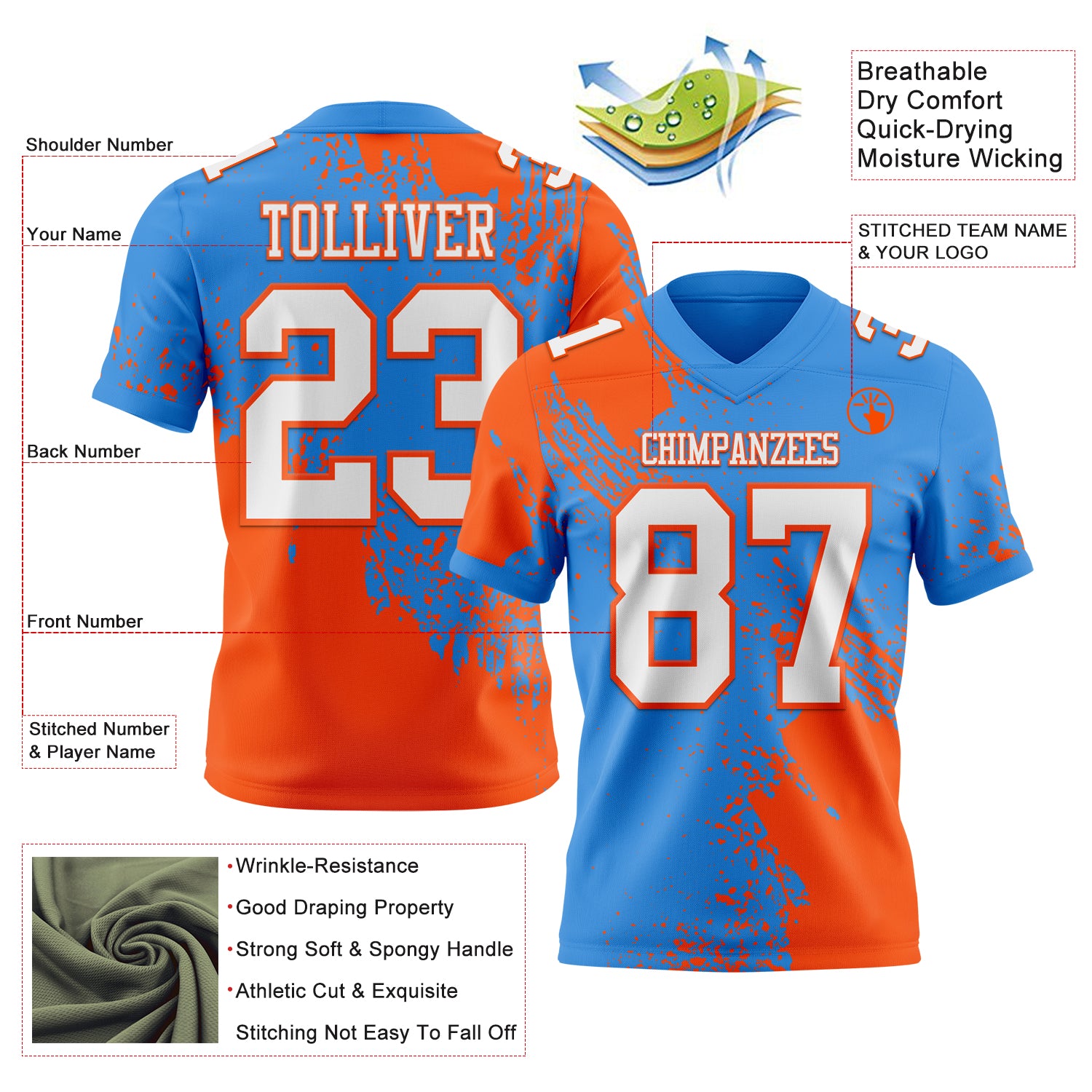 Custom Powder Blue White-Orange 3D Pattern Abstract Brush Stroke Authentic Football Jersey