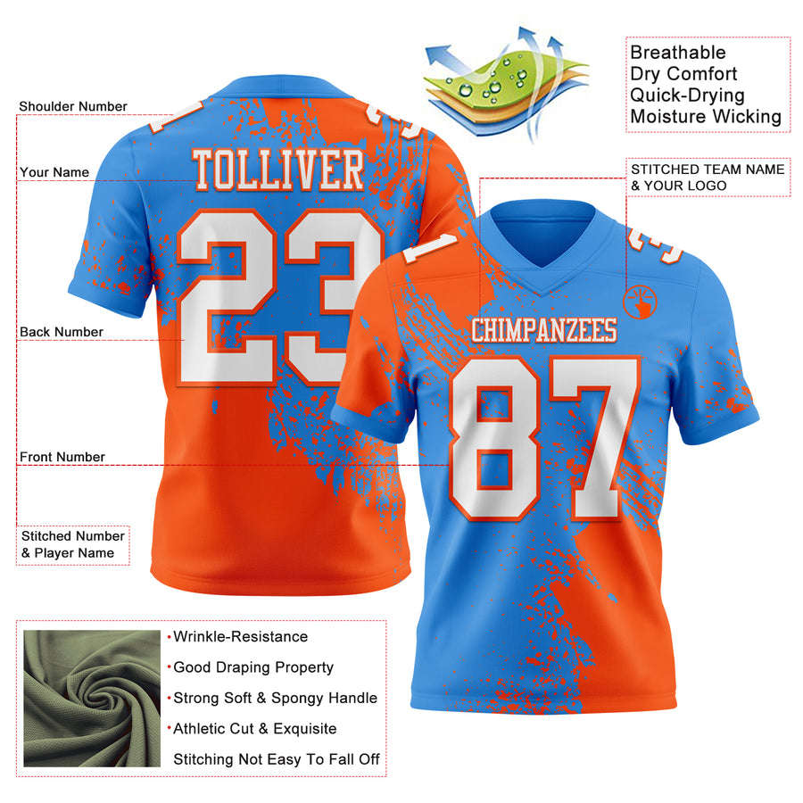 Custom Powder Blue White-Orange 3D Pattern Abstract Brush Stroke Authentic Football Jersey