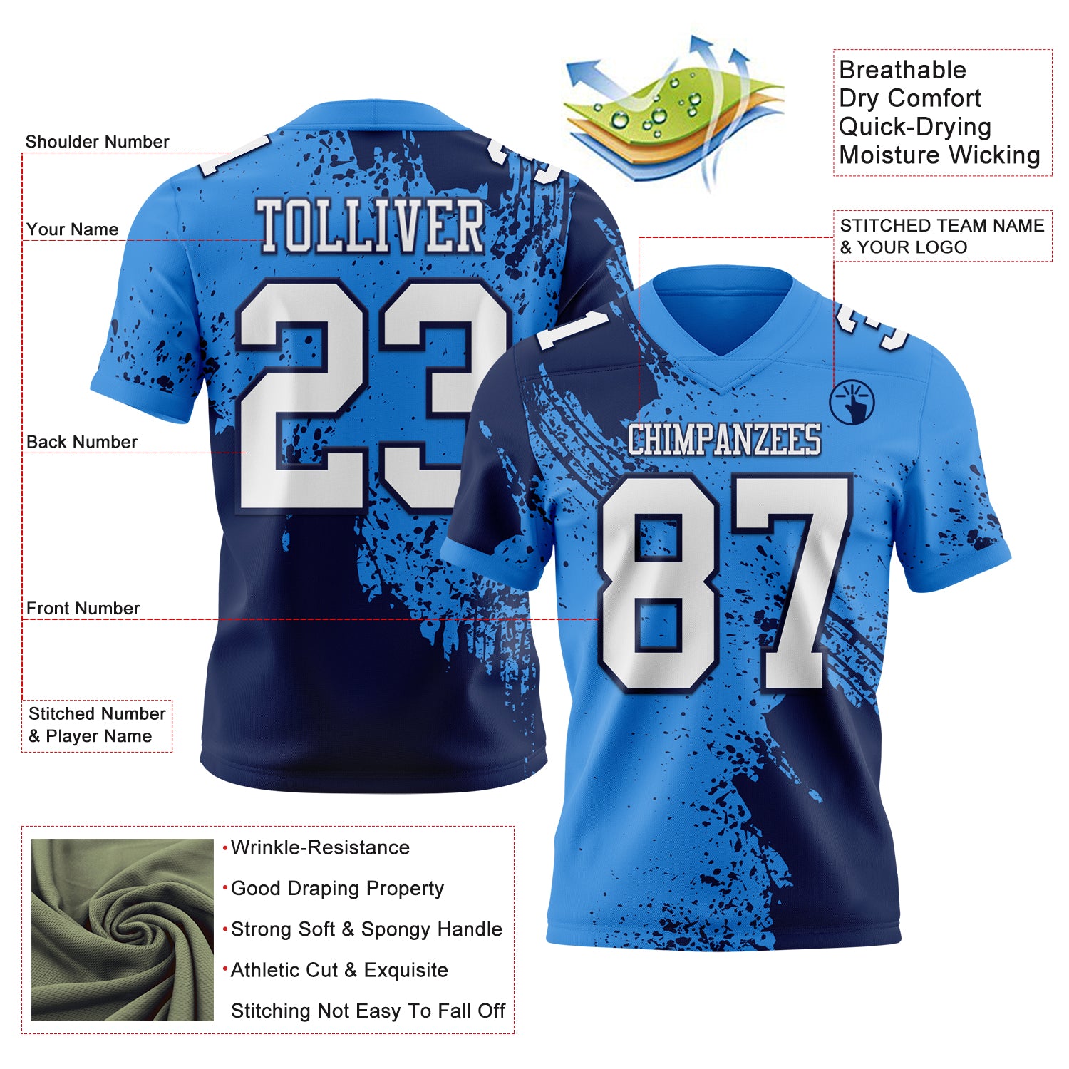 Custom Powder Blue White-Navy 3D Pattern Abstract Brush Stroke Authentic Football Jersey