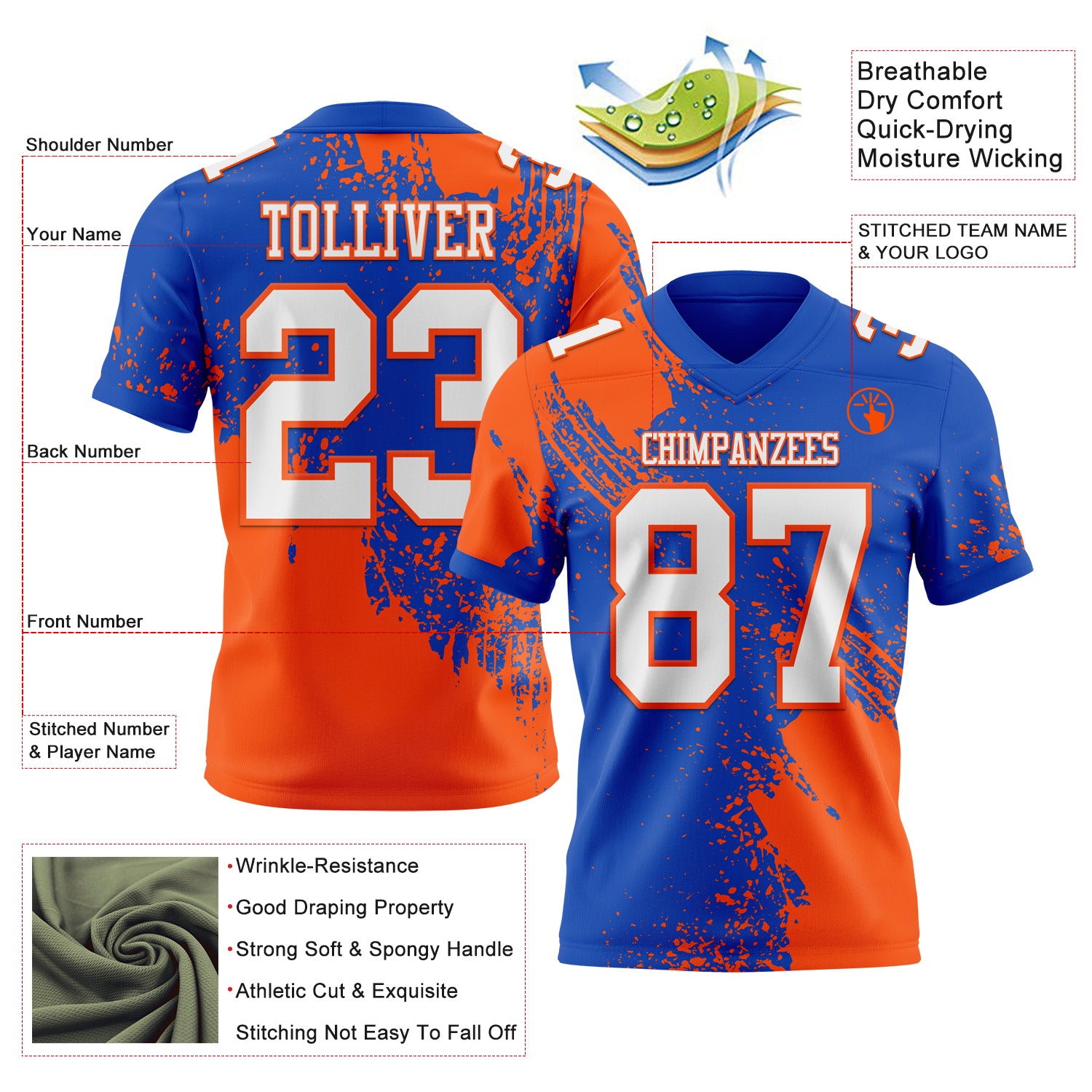 Custom Thunder Blue White-Orange 3D Pattern Abstract Brush Stroke Authentic Football Jersey
