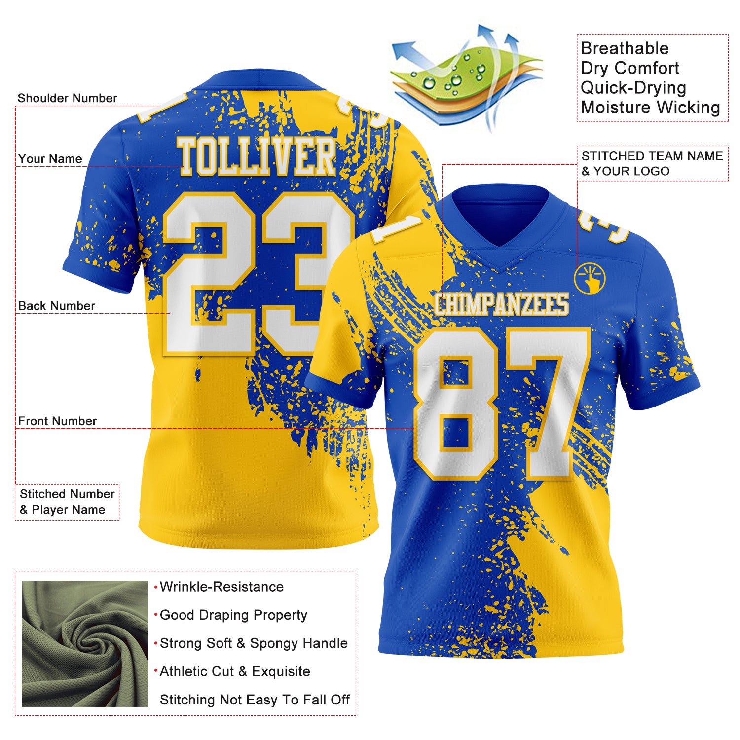 Custom Thunder Blue White-Yellow 3D Pattern Abstract Brush Stroke Authentic Football Jersey