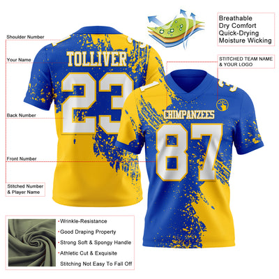 Custom Thunder Blue White-Yellow 3D Pattern Abstract Brush Stroke Authentic Football Jersey