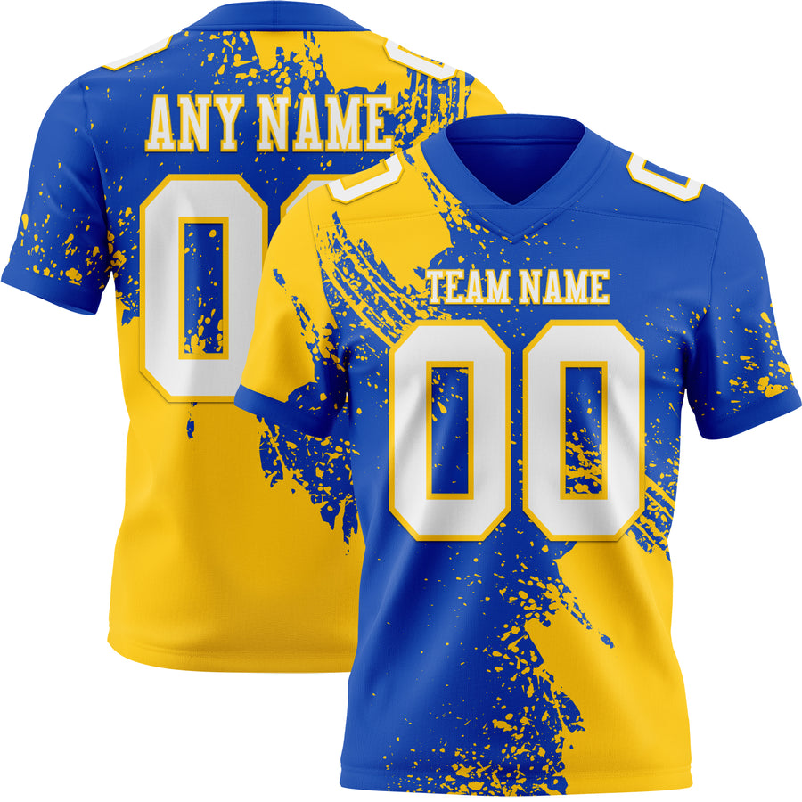 Custom Thunder Blue White-Yellow 3D Pattern Abstract Brush Stroke Authentic Football Jersey