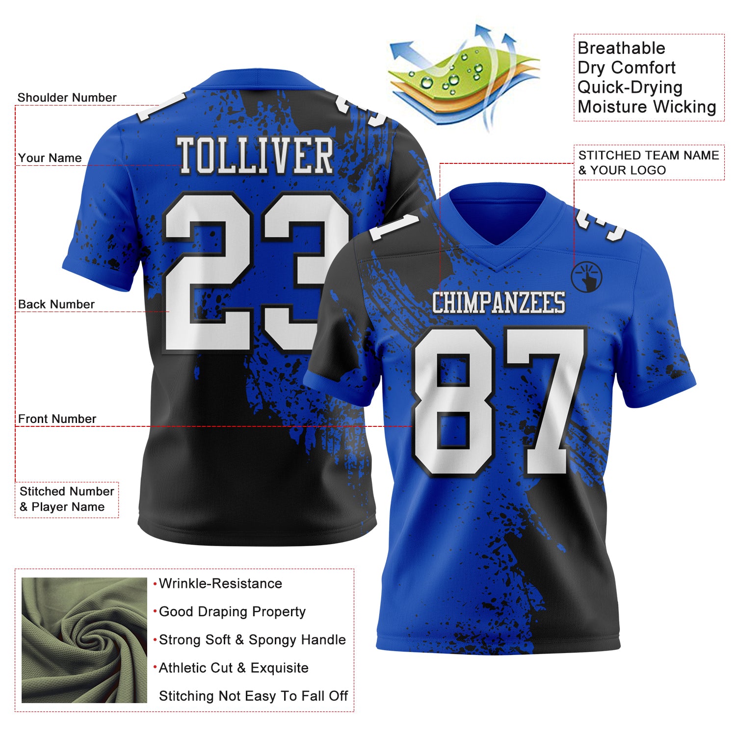Custom Thunder Blue White-Black 3D Pattern Abstract Brush Stroke Authentic Football Jersey
