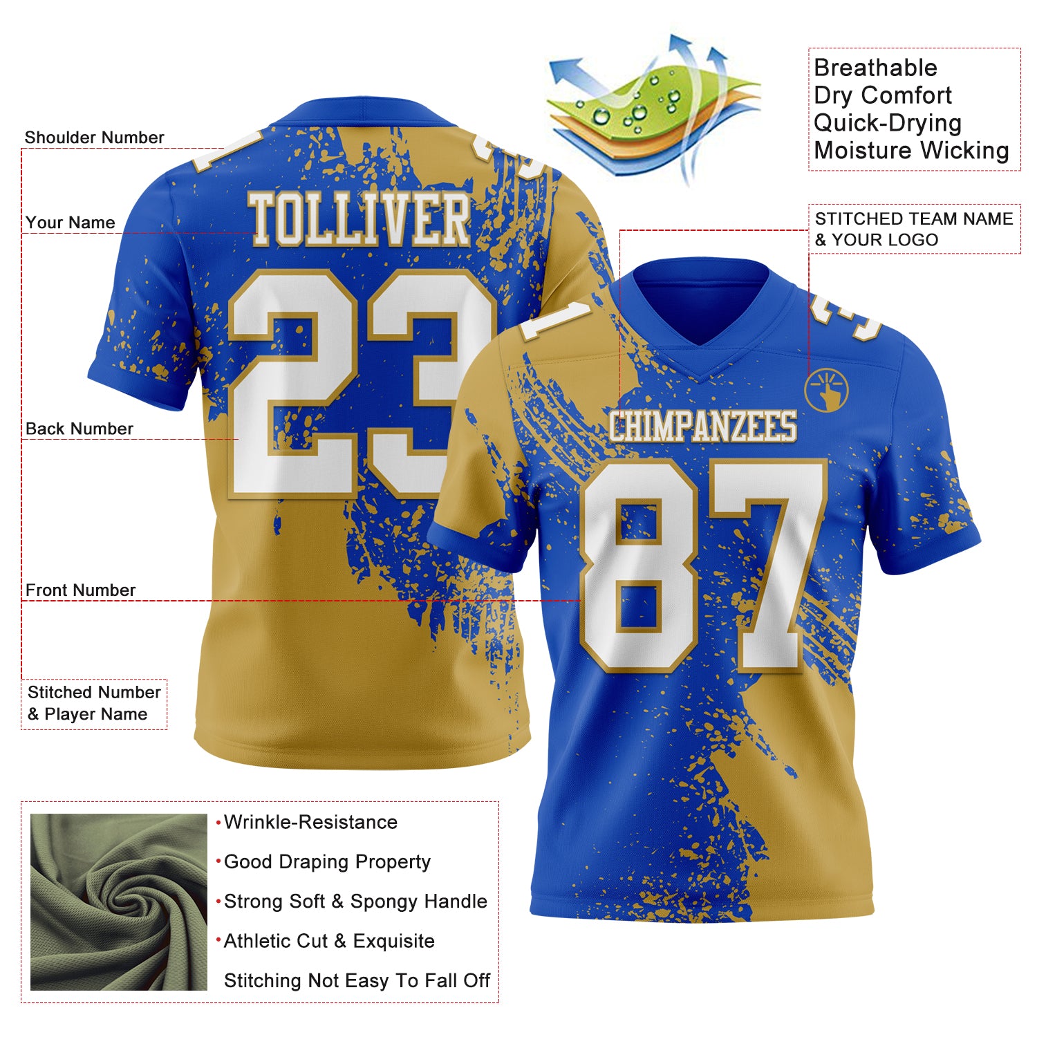 Custom Thunder Blue White-Old Gold 3D Pattern Abstract Brush Stroke Authentic Football Jersey
