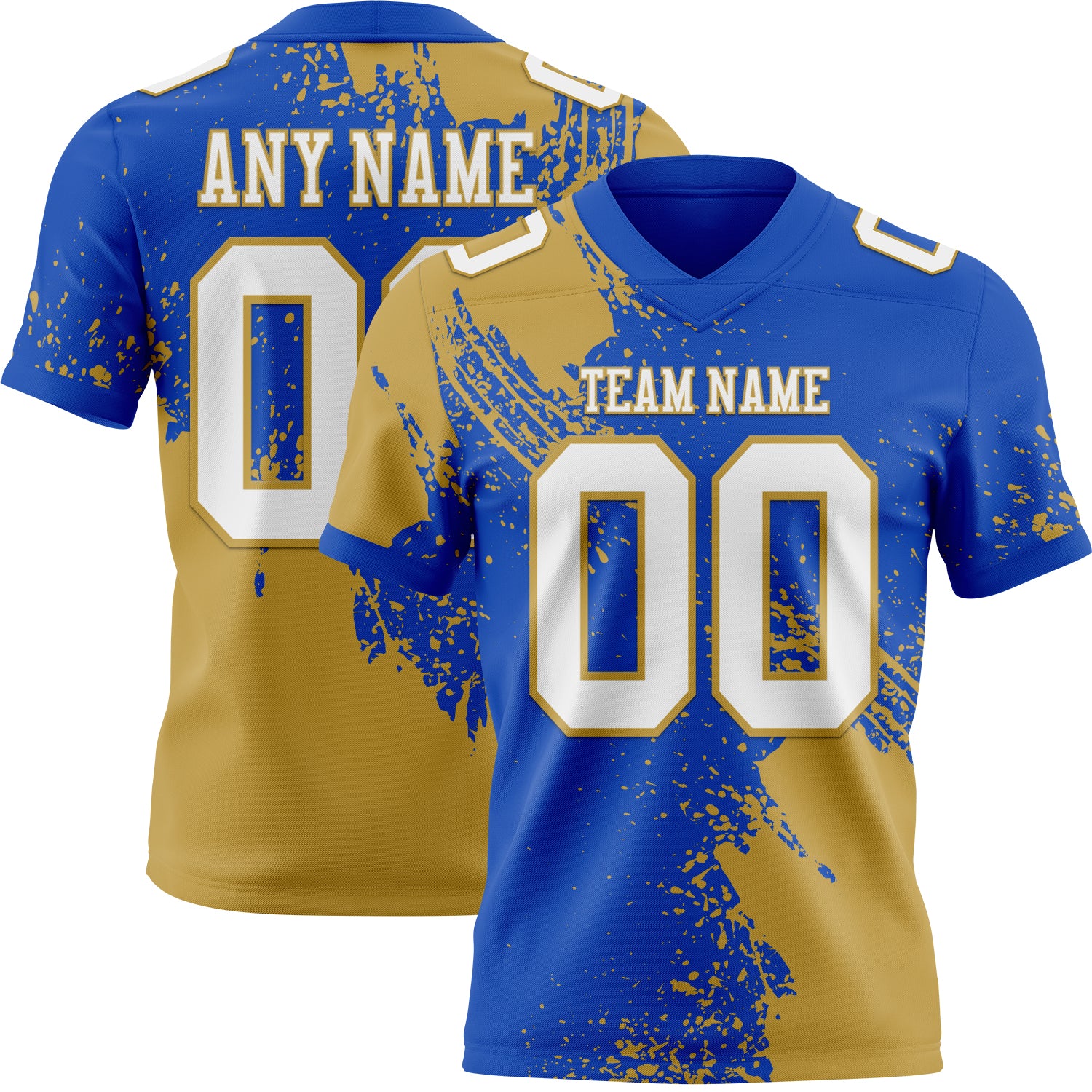Custom Thunder Blue White-Old Gold 3D Pattern Abstract Brush Stroke Authentic Football Jersey