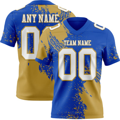 Custom Thunder Blue White-Old Gold 3D Pattern Abstract Brush Stroke Authentic Football Jersey