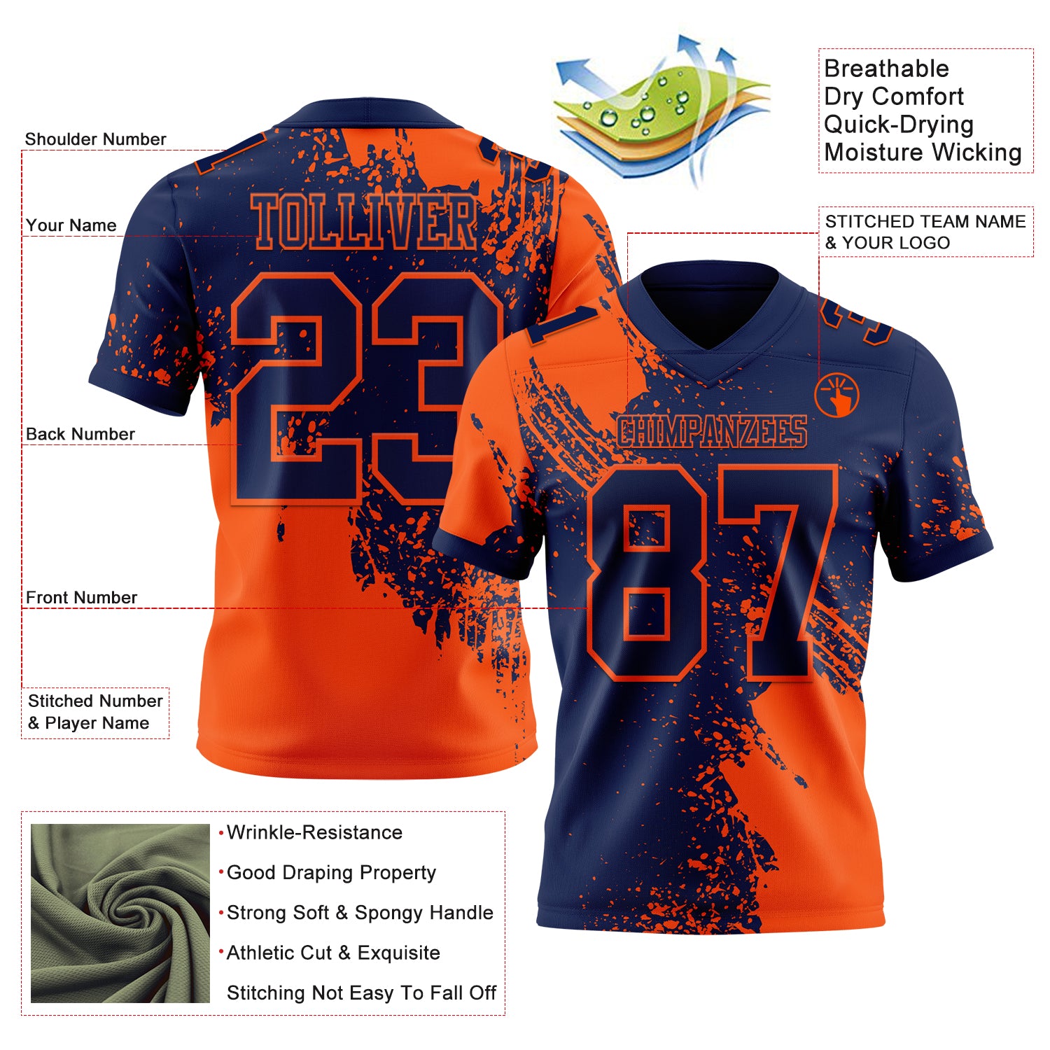 Custom Navy Orange 3D Pattern Abstract Brush Stroke Authentic Football Jersey