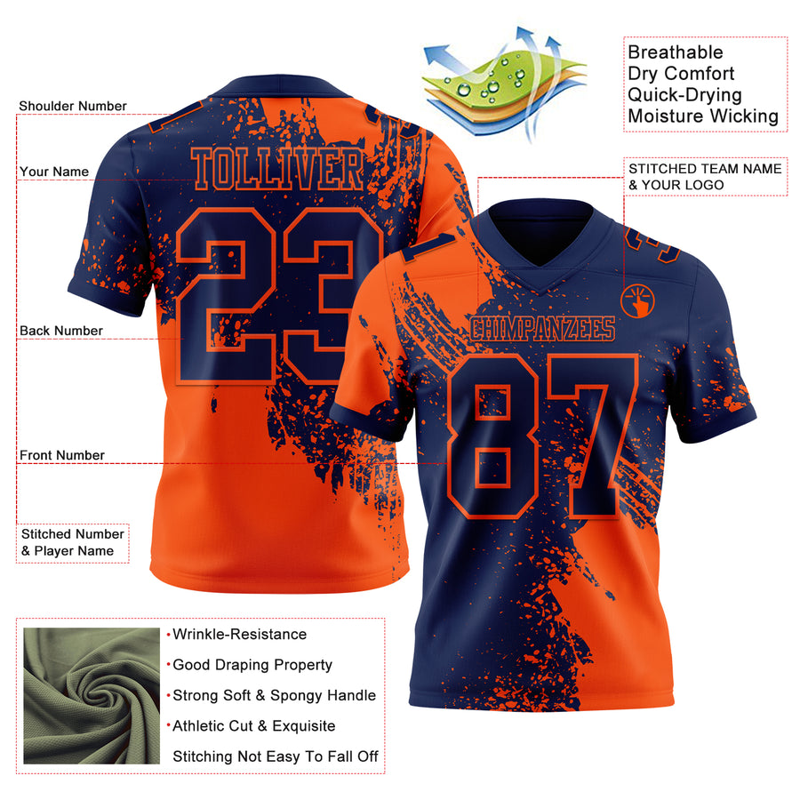 Custom Navy Orange 3D Pattern Abstract Brush Stroke Authentic Football Jersey
