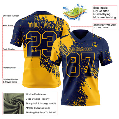 Custom Navy Gold 3D Pattern Abstract Brush Stroke Authentic Football Jersey