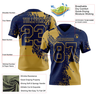 Custom Navy Old Gold 3D Pattern Abstract Brush Stroke Authentic Football Jersey
