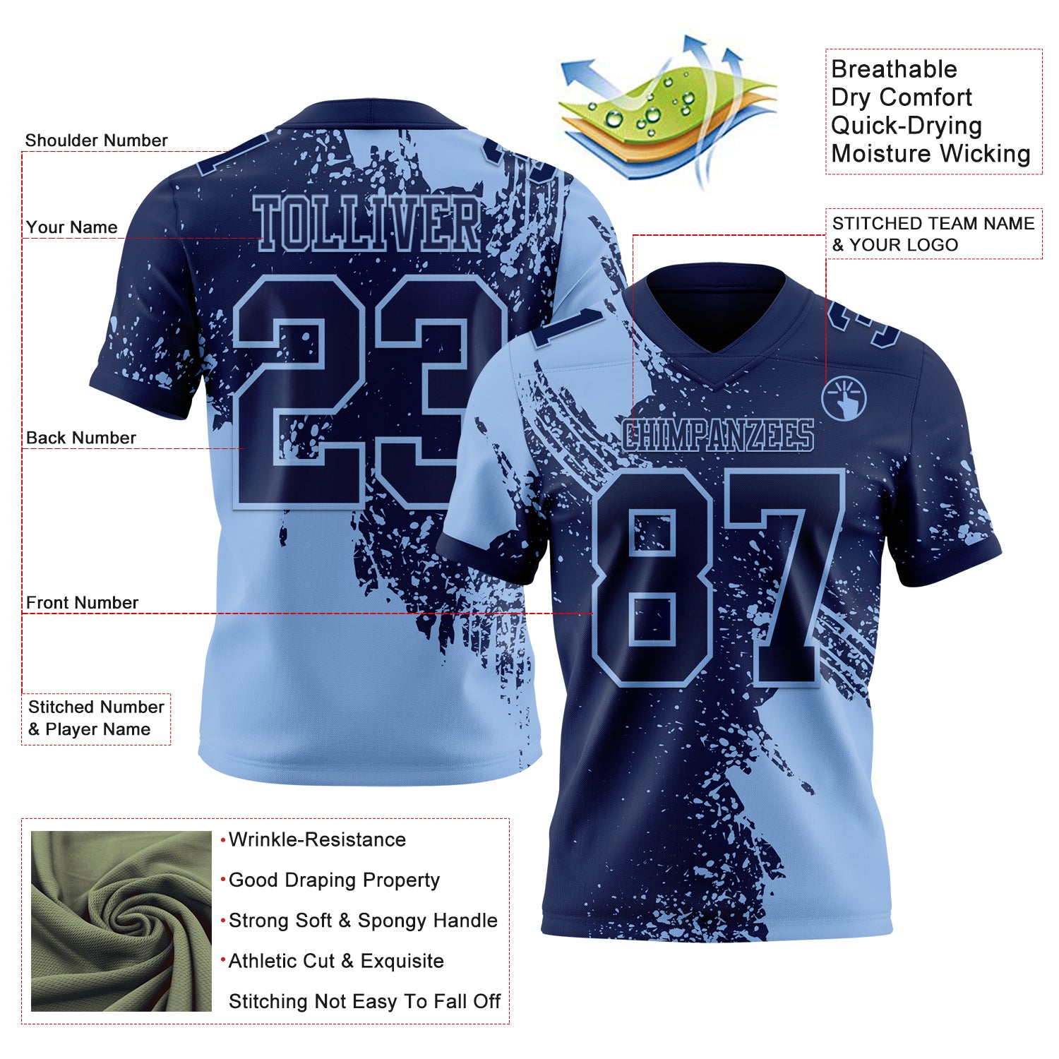 Custom Navy Light Blue 3D Pattern Abstract Brush Stroke Authentic Football Jersey