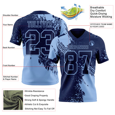 Custom Navy Light Blue 3D Pattern Abstract Brush Stroke Authentic Football Jersey