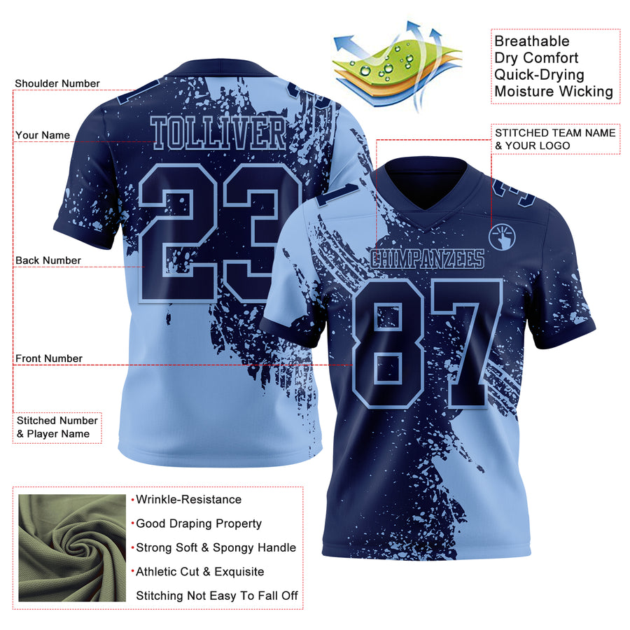 Custom Navy Light Blue 3D Pattern Abstract Brush Stroke Authentic Football Jersey