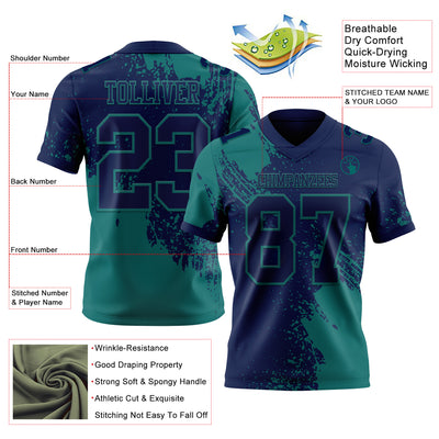 Custom Navy Teal 3D Pattern Abstract Brush Stroke Authentic Football Jersey