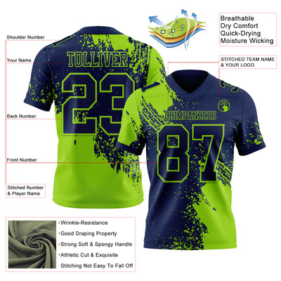 Custom Navy Neon Green 3D Pattern Abstract Brush Stroke Authentic Football Jersey