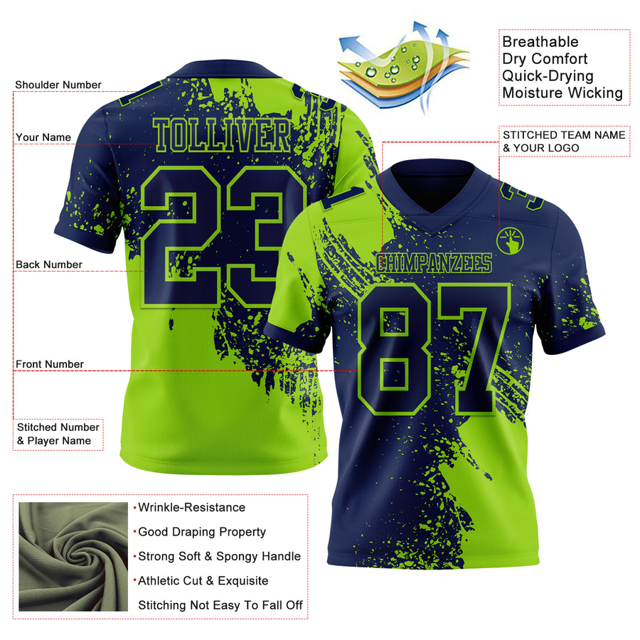 Custom Navy Neon Green 3D Pattern Abstract Brush Stroke Authentic Football Jersey