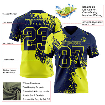 Custom Navy Neon Yellow 3D Pattern Abstract Brush Stroke Authentic Football Jersey