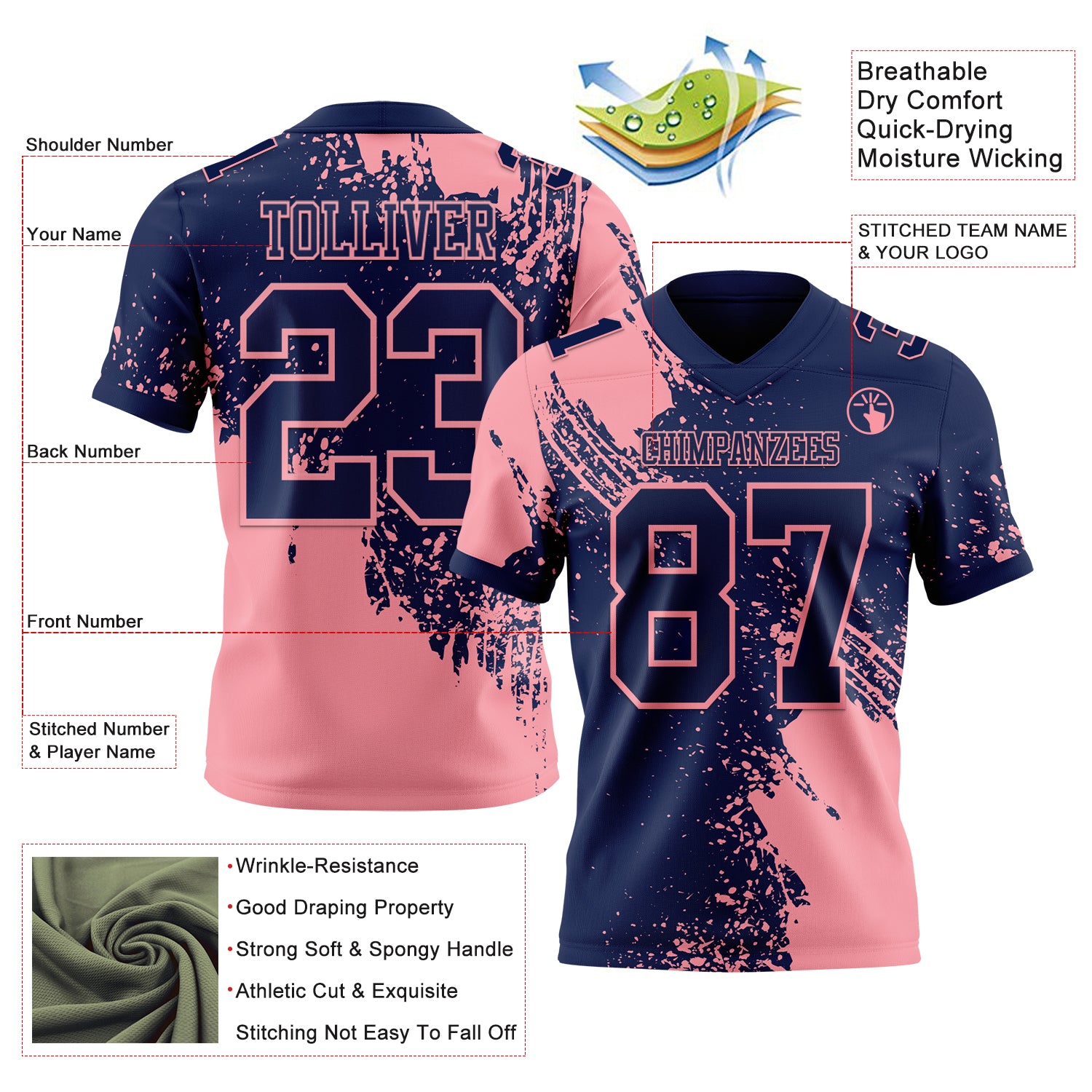 Custom Navy Medium Pink 3D Pattern Abstract Brush Stroke Authentic Football Jersey