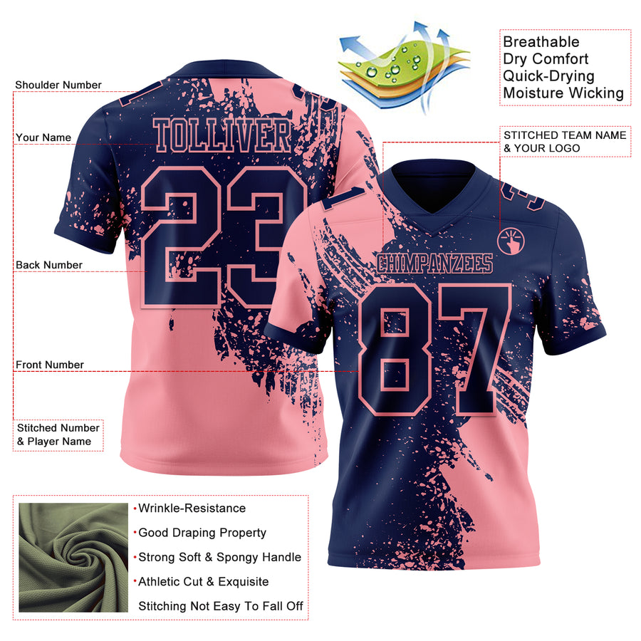 Custom Navy Medium Pink 3D Pattern Abstract Brush Stroke Authentic Football Jersey