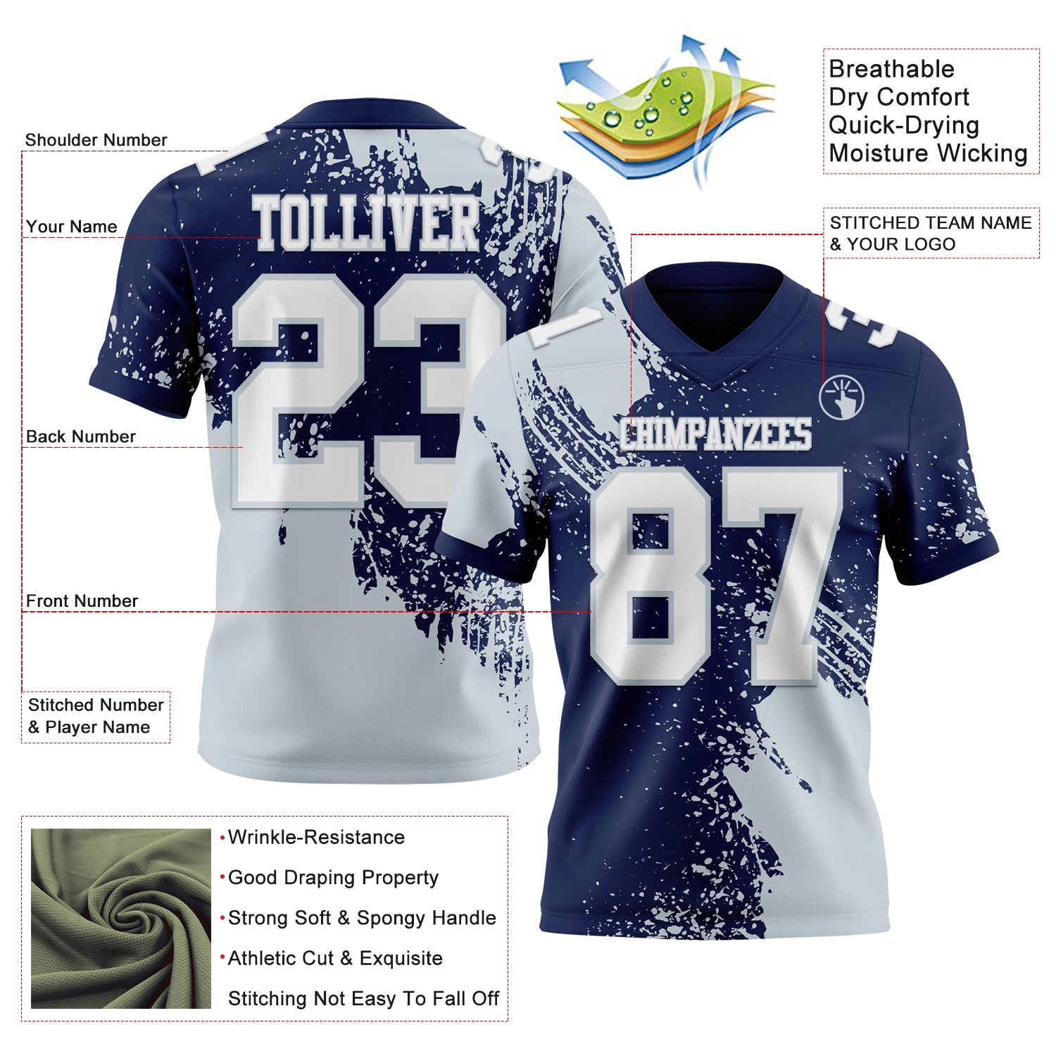 Custom Navy White-Silver 3D Pattern Abstract Brush Stroke Authentic Football Jersey