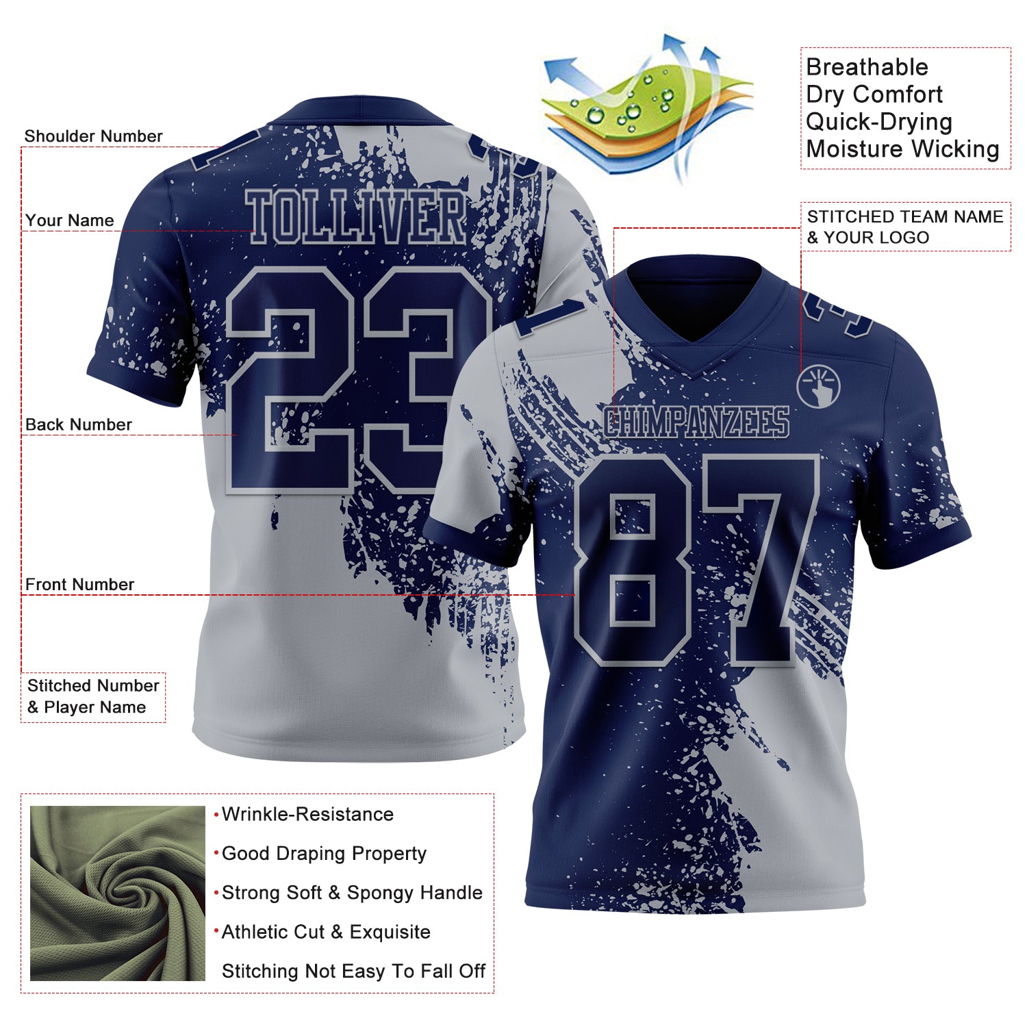 Custom Navy Gray 3D Pattern Abstract Brush Stroke Authentic Football Jersey