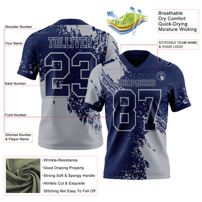 Custom Navy Gray 3D Pattern Abstract Brush Stroke Authentic Football Jersey